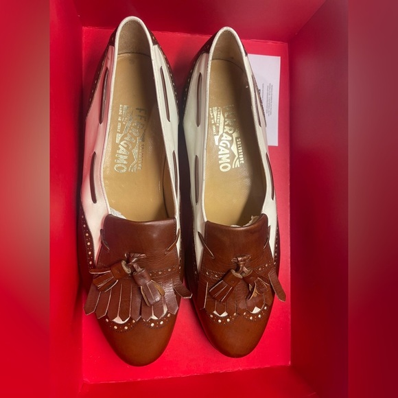 Ferragamo Men’s Tassel Loafers Brown & White Leather Size 9.5 / W11 - Picture 3 of 14